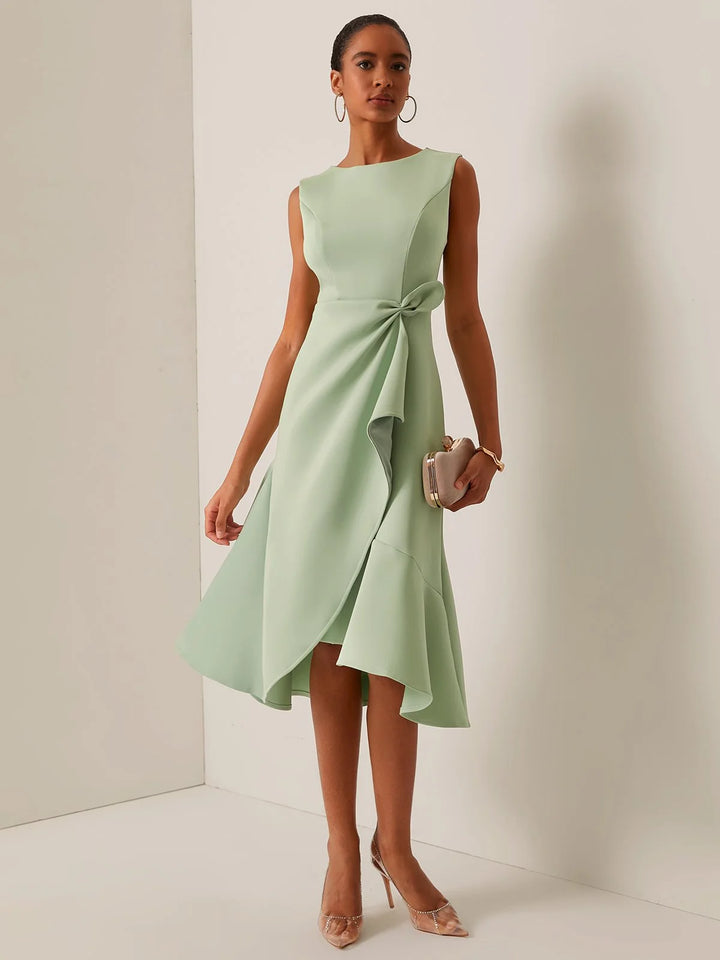 Abito Midi Elegante Senza Maniche con Nodo in Vita