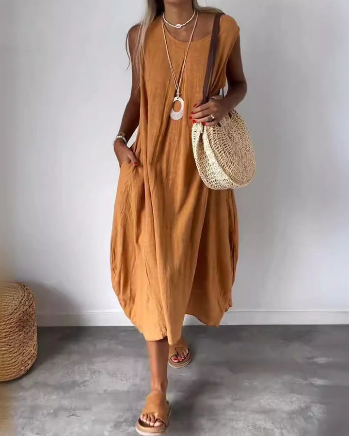 Abito Lungo Casual Senza Maniche con Tasche