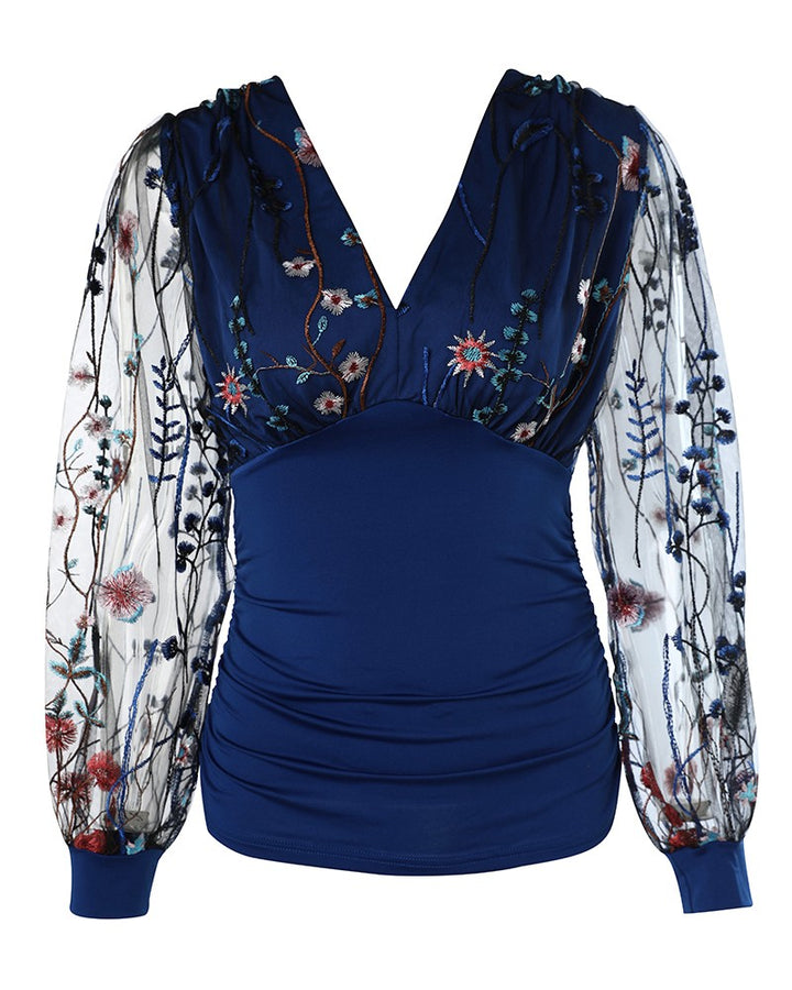Blusa Elegante con Scollo Profondo, Maniche a Lanterna e Arricciature Laterali