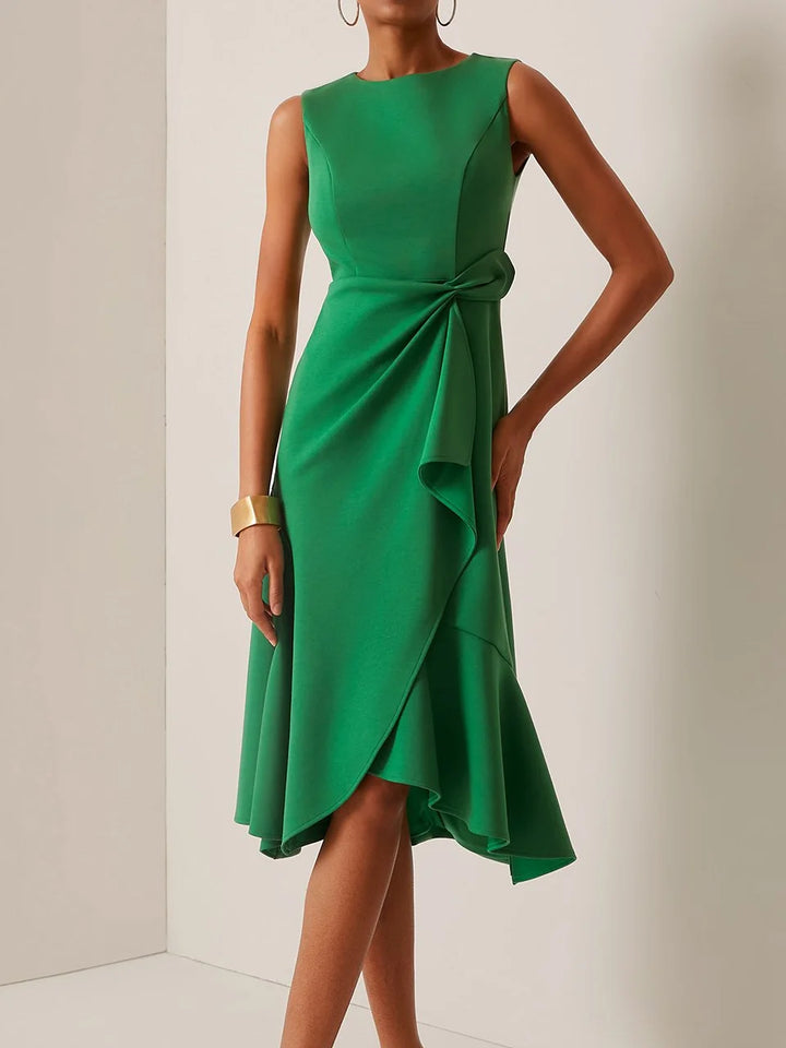 Abito Midi Elegante Senza Maniche con Nodo in Vita