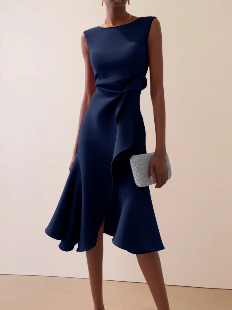 Abito Midi Elegante Senza Maniche con Nodo in Vita