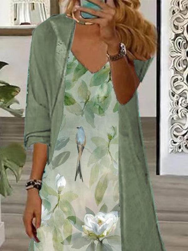 Completo Due Pezzi: Vestito Maxi con Stampa Floreale Giovane e Giacca Leggera