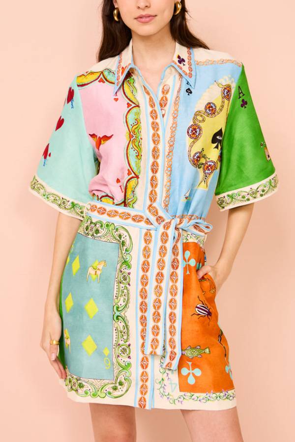 Abito Camicia Mini con Stampa Patchwork e Maniche Ampie