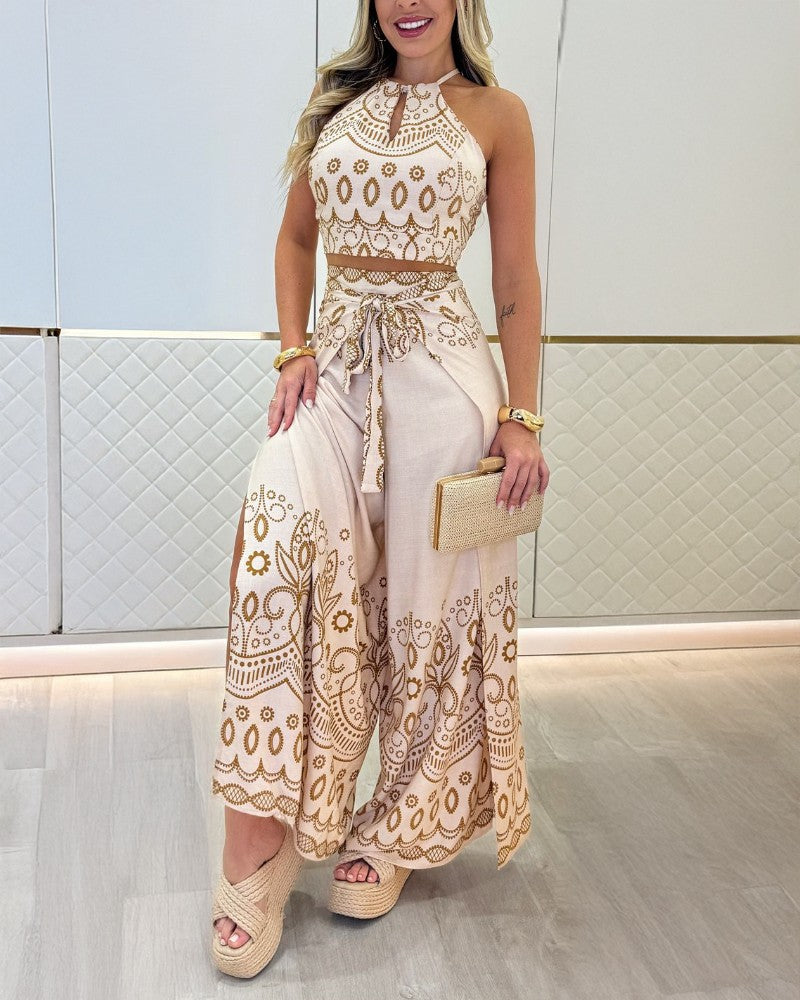 Completo 2 Pezzi con Stampa Tribale, Top Senza Maniche con Scollo a Goccia e Pantaloni con Spacco e Fiocco