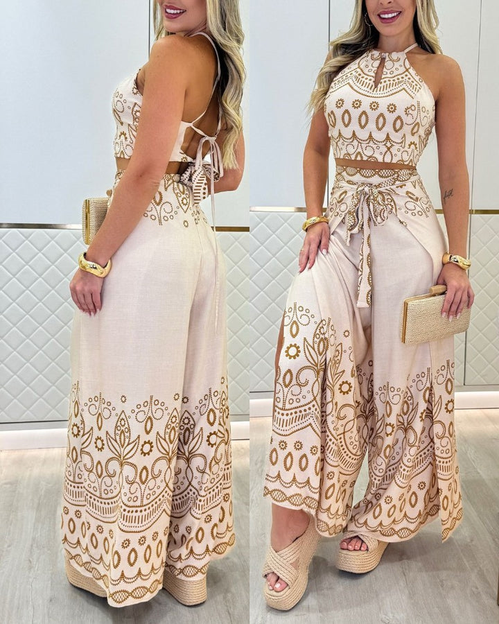 Completo 2 Pezzi con Stampa Tribale, Top Senza Maniche con Scollo a Goccia e Pantaloni con Spacco e Fiocco