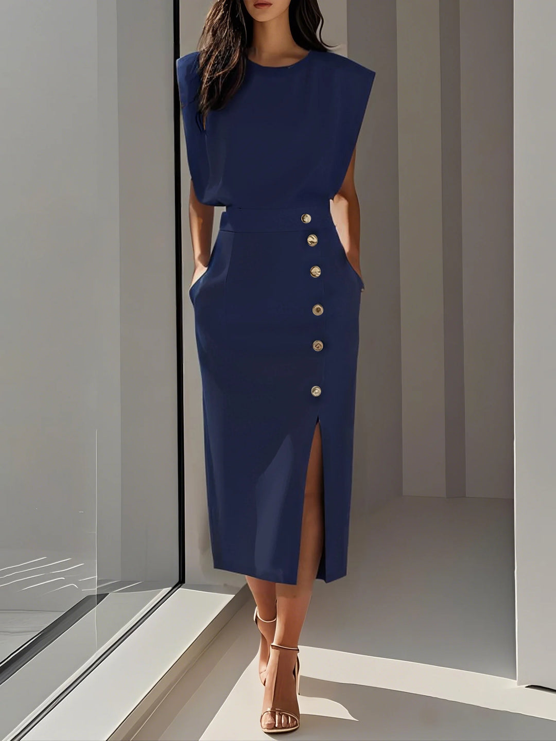 Abito Midi Elegante con Spacco e Bottoni – Girocollo, Vestibilità Attillata