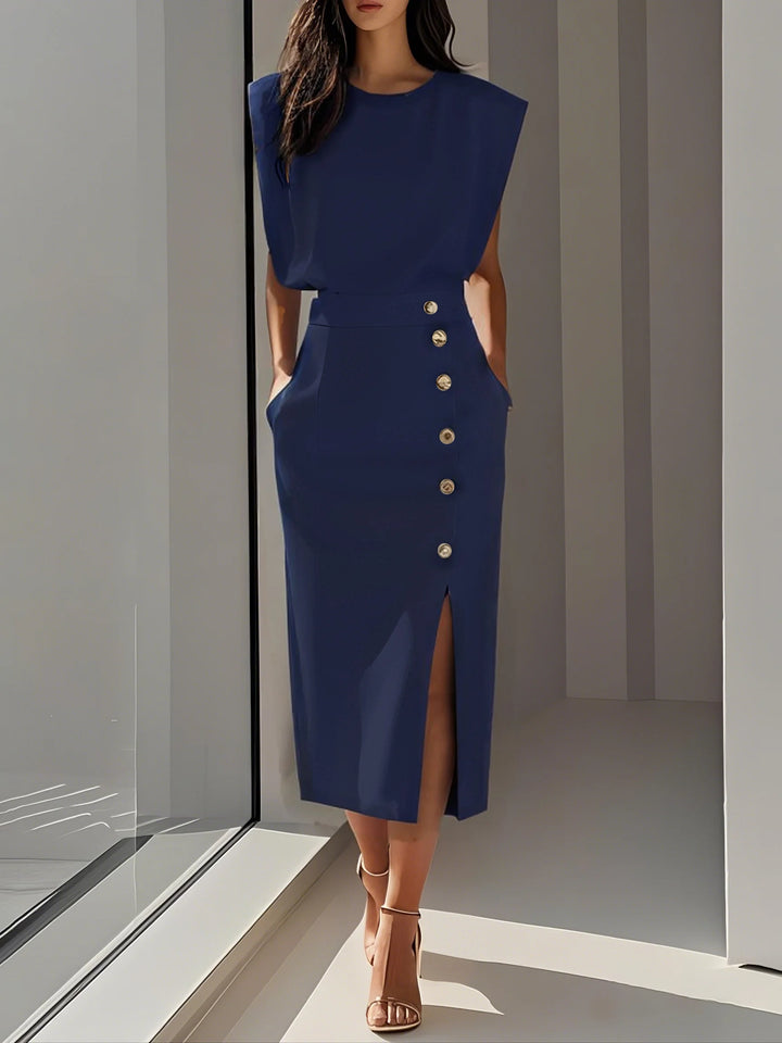 Abito Midi Elegante con Spacco e Bottoni – Girocollo, Vestibilità Attillata