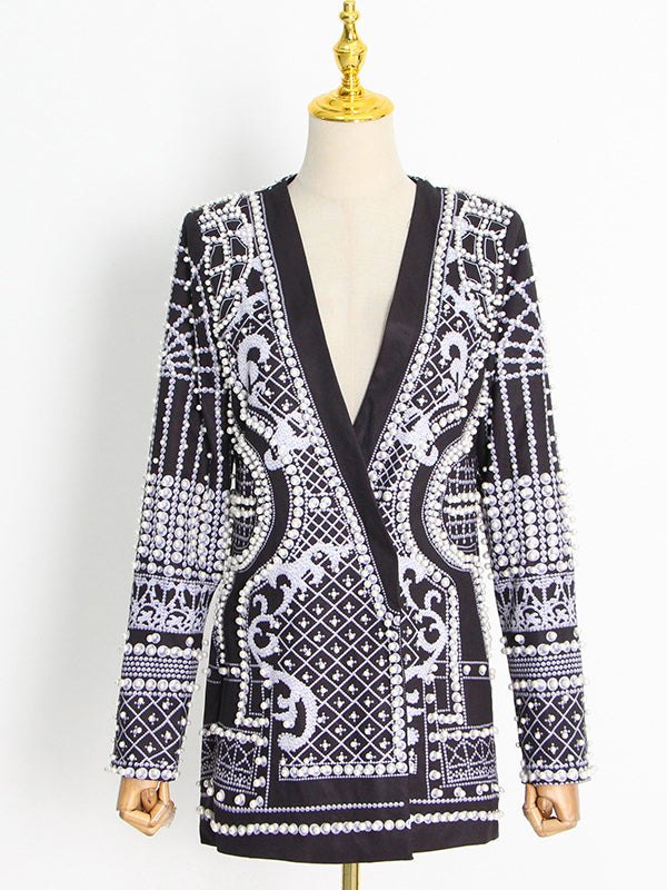 Blazer Stile Vintage con Perline e Stampa – Maniche Lunghe e Scollo a V