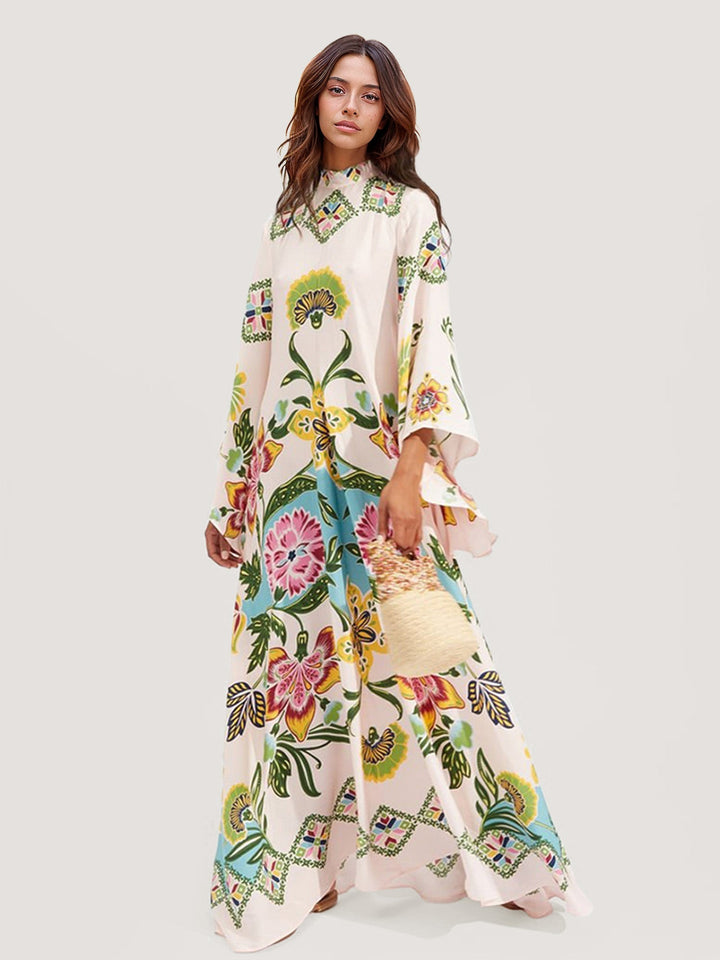 Abito Lungo Boho a Fiori con Maniche Lunghe