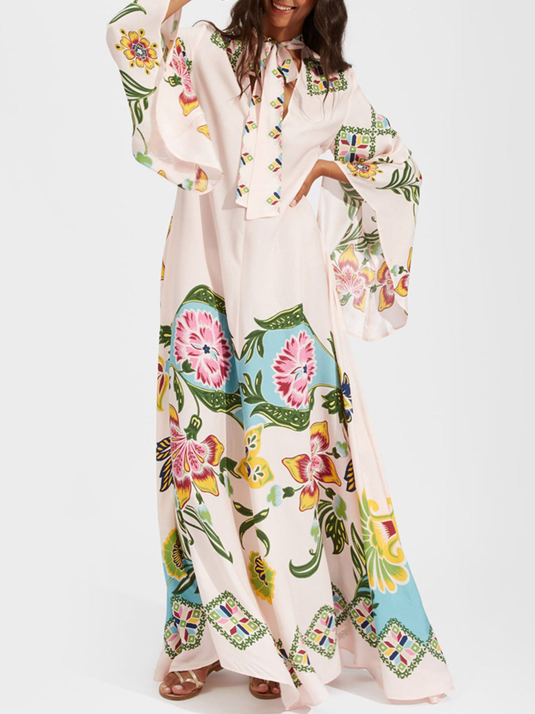 Abito Lungo Boho a Fiori con Maniche Lunghe