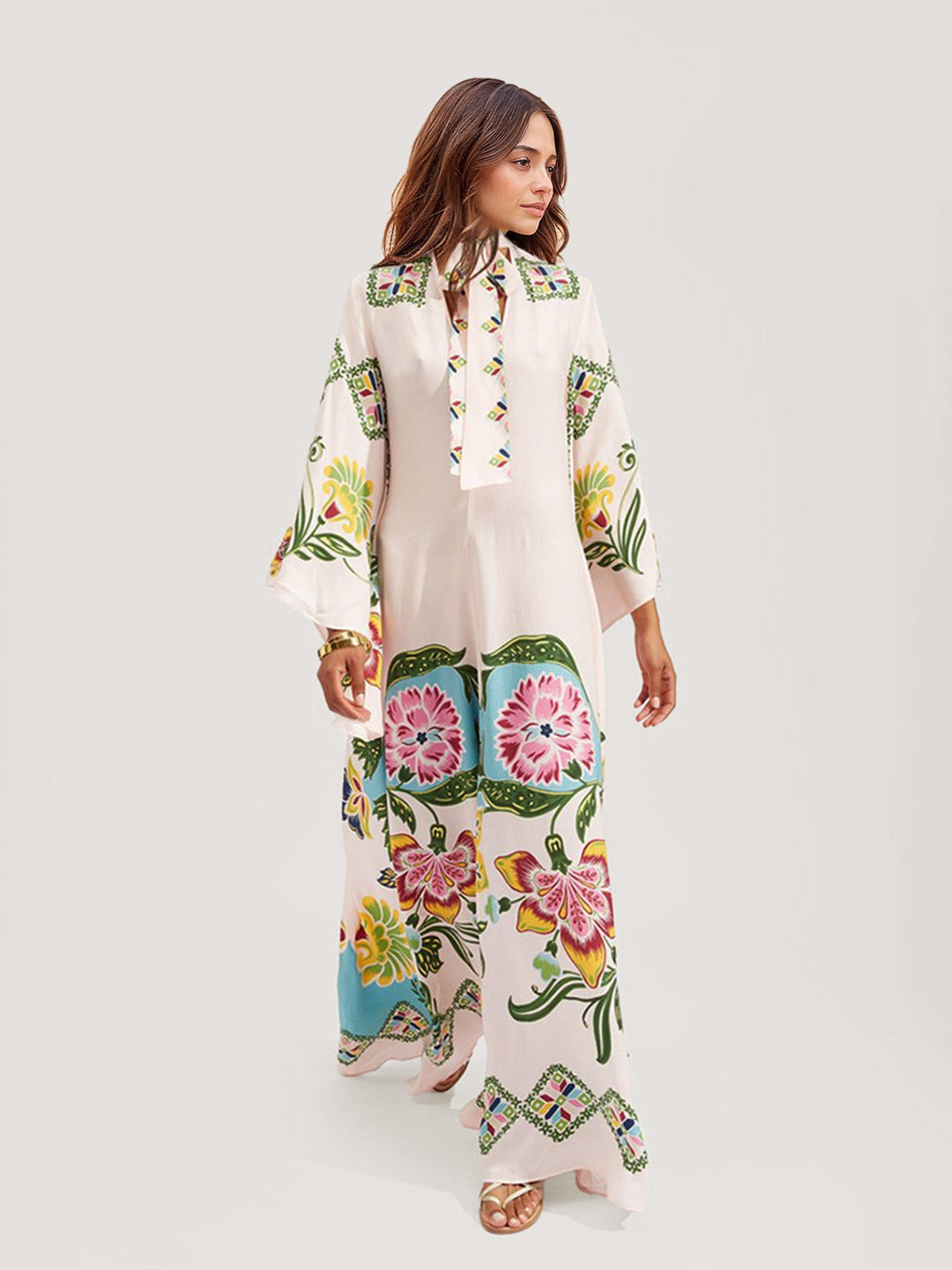 Abito Lungo Boho a Fiori con Maniche Lunghe