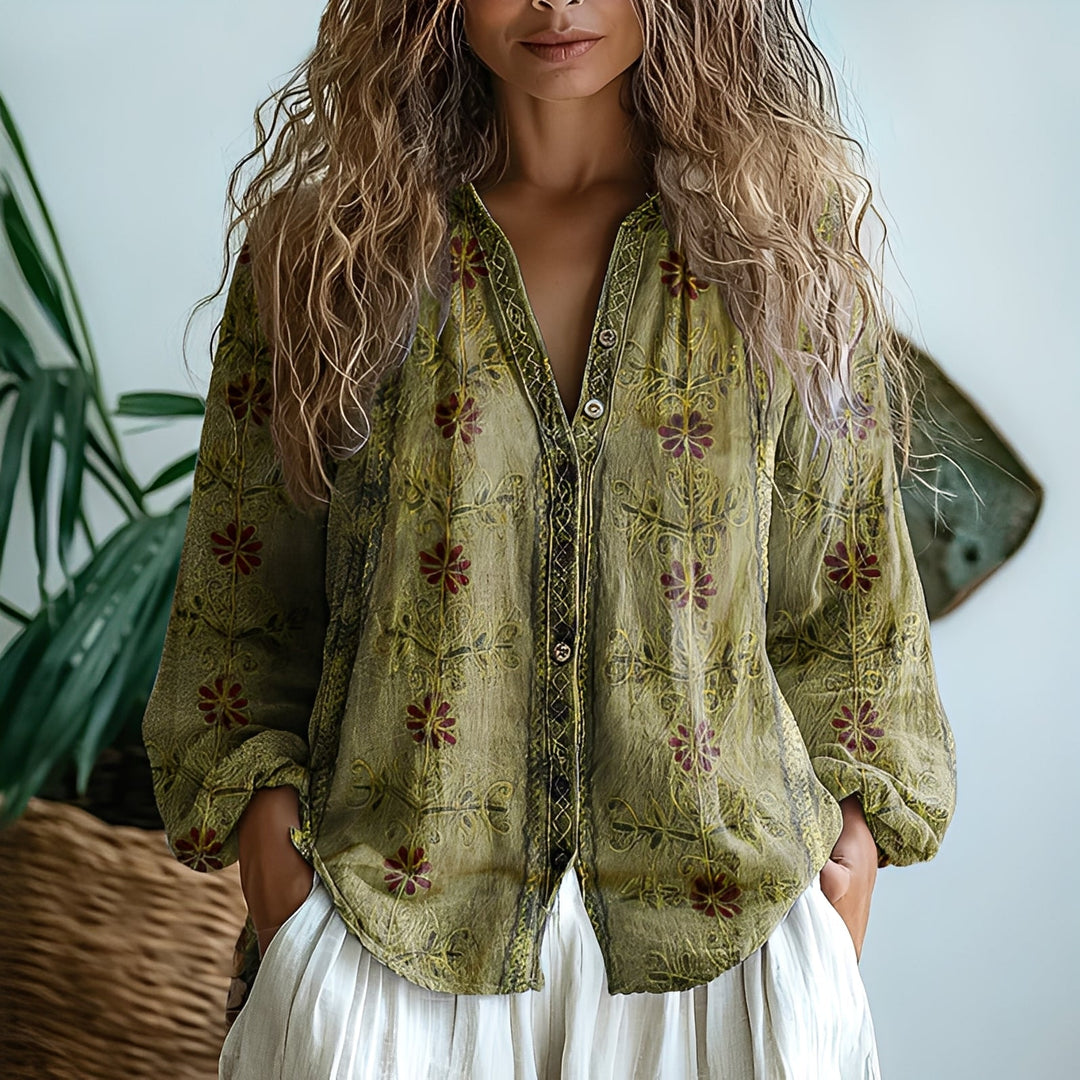 Laura | Blusa Vintage con Stampa Foglie