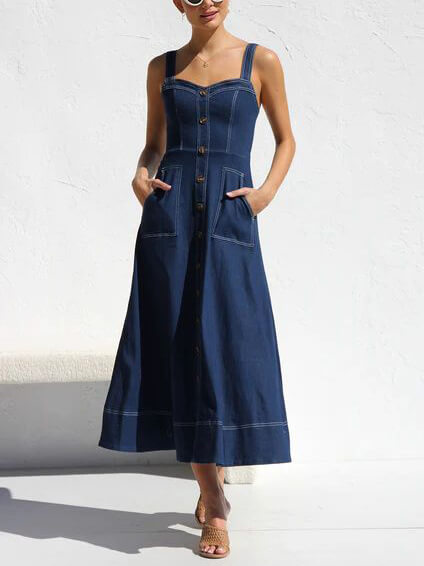 Abito Midi con Bretelle e Bottoni | Stile Casual e Femminile