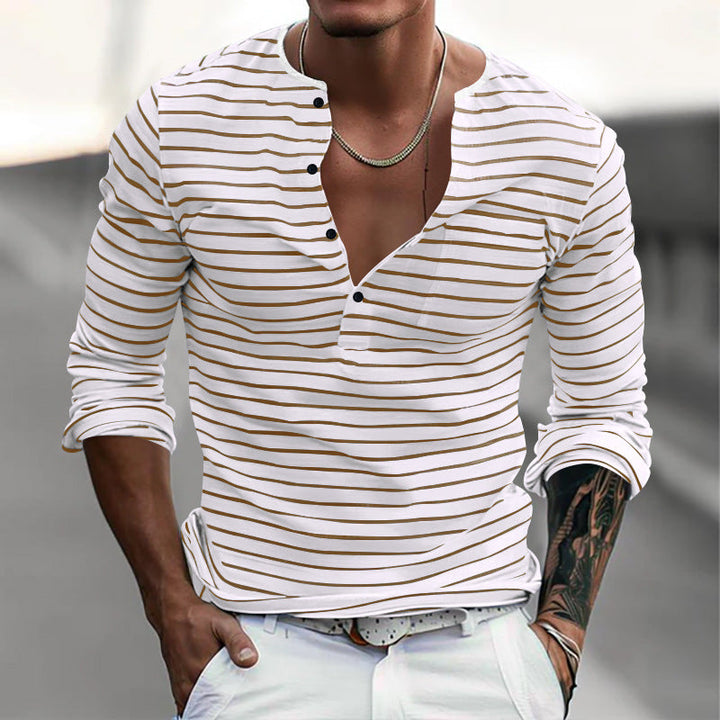 T-Shirt da Uomo a Maniche Lunghe – Colletto Henley e Fantasia a Righe