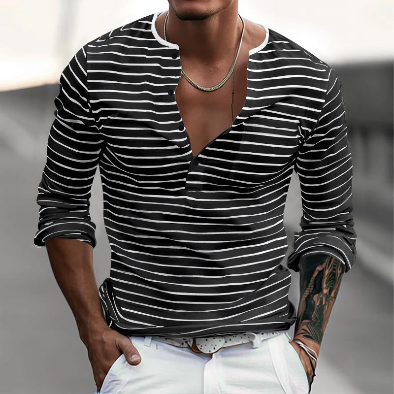 T-Shirt da Uomo a Maniche Lunghe – Colletto Henley e Fantasia a Righe