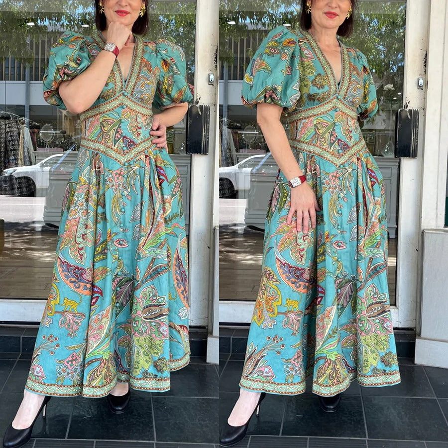 Abito Maxi con Maniche a Sbuffo e Tasche – Stampa Esclusiva per Vacanze Chic