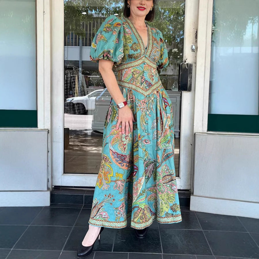 Abito Maxi con Maniche a Sbuffo e Tasche – Stampa Esclusiva per Vacanze Chic