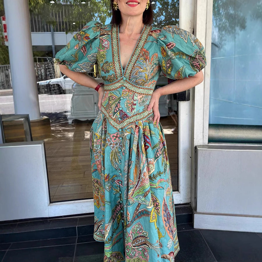 Abito Maxi con Maniche a Sbuffo e Tasche – Stampa Esclusiva per Vacanze Chic