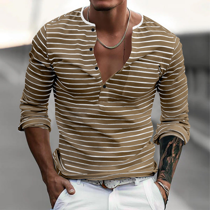 T-Shirt da Uomo a Maniche Lunghe – Colletto Henley e Fantasia a Righe