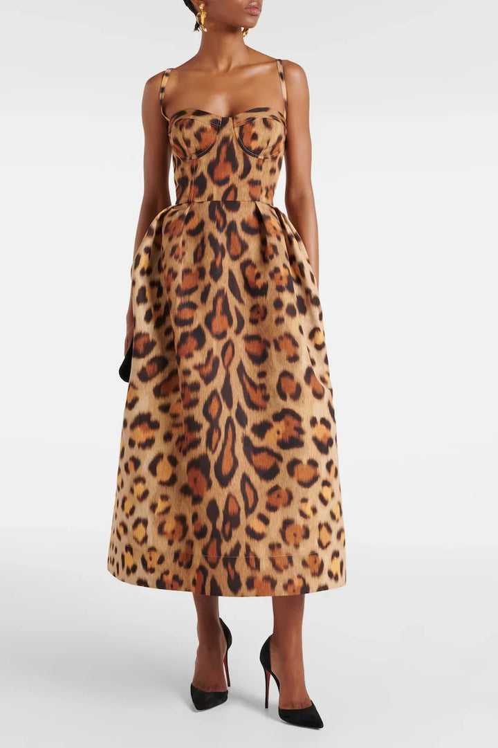 Abito Midi con Bustier e Stampa Animalier