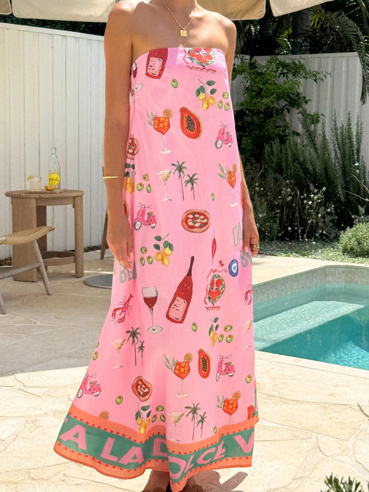 Abito Lungo da Resort con Fascia e Stampa – Eleganza Senza Spalline