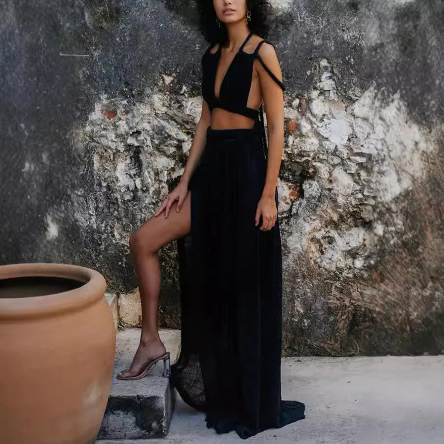 Set Top Corto Drappeggiato e Gonna Lunga con Spacco e Intrecci Decorativi