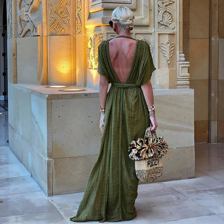 Abito Lungo Drappeggiato Stile Greco con Trecce Decorative e Maniche Kimono