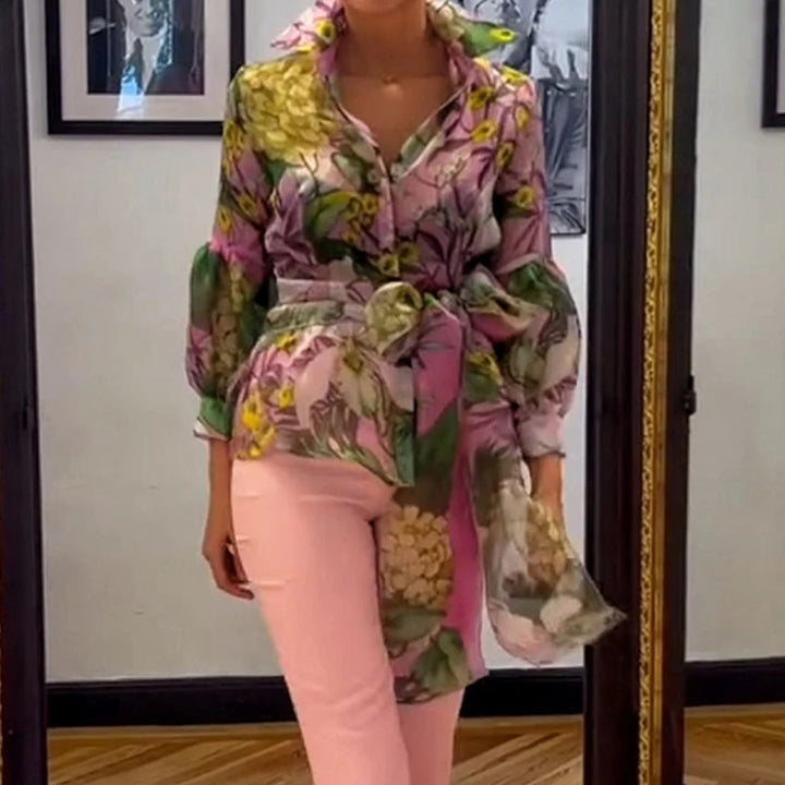 Completo Due Pezzi Elegante con Camicia a Collo Revers e Gonna con Tasche