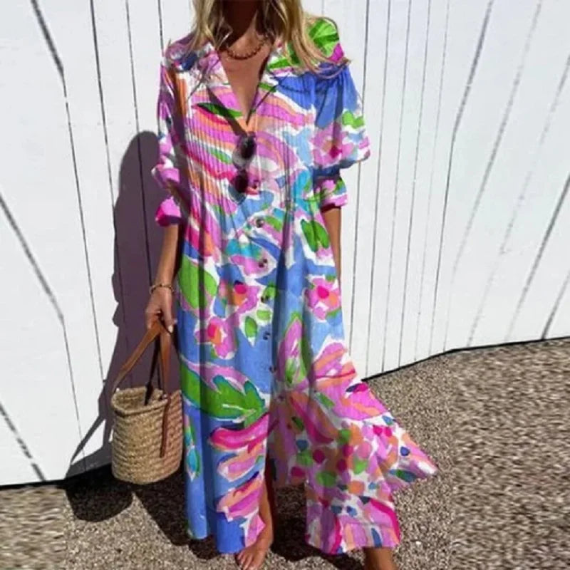 Abito Lungo Boho di Lusso con Scollo a V Profondo
