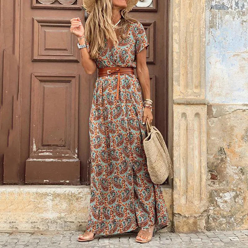 Abito Midi Elegante a Pieghe con Fantasia Floreale