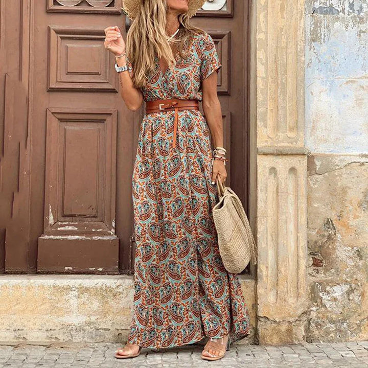Abito Midi Elegante a Pieghe con Fantasia Floreale