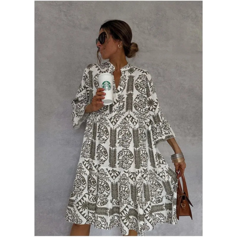 Abito Elegante con Gonna a Linea A e Scollo a V Stampato