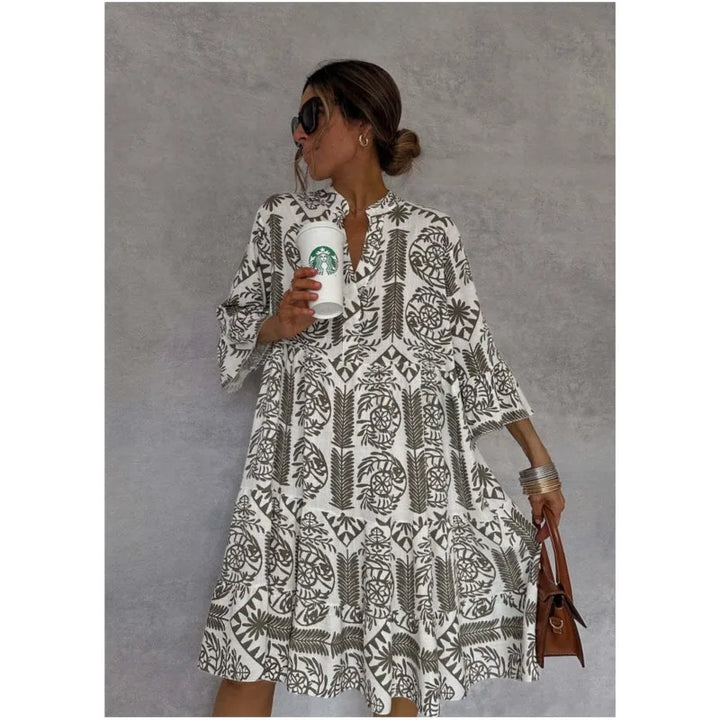 Abito Elegante con Gonna a Linea A e Scollo a V Stampato