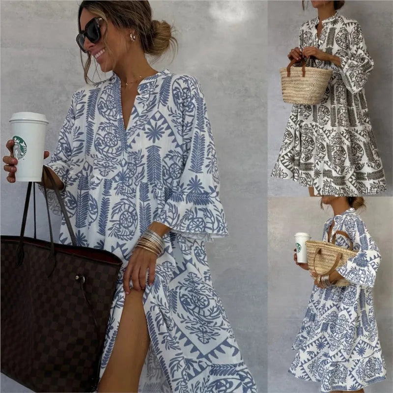 Abito Elegante con Gonna a Linea A e Scollo a V Stampato