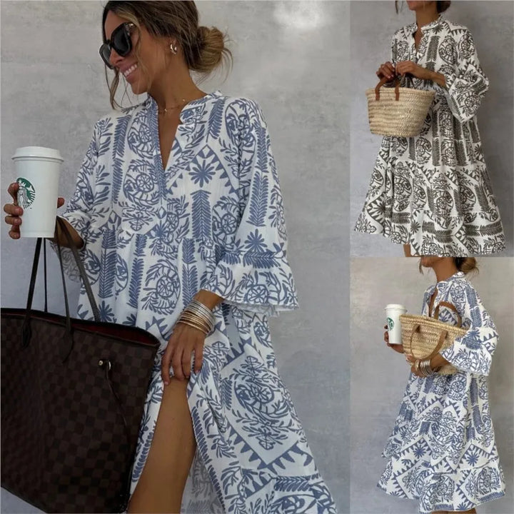 Abito Elegante con Gonna a Linea A e Scollo a V Stampato
