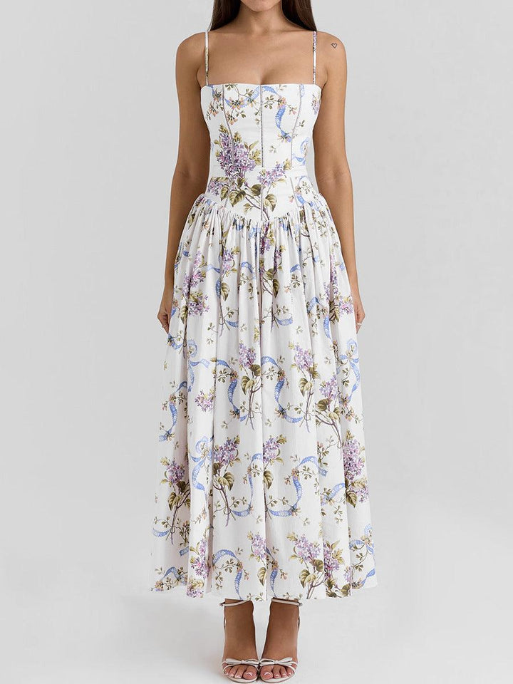 Abito Midi a Bretelle con Stampa Floreale