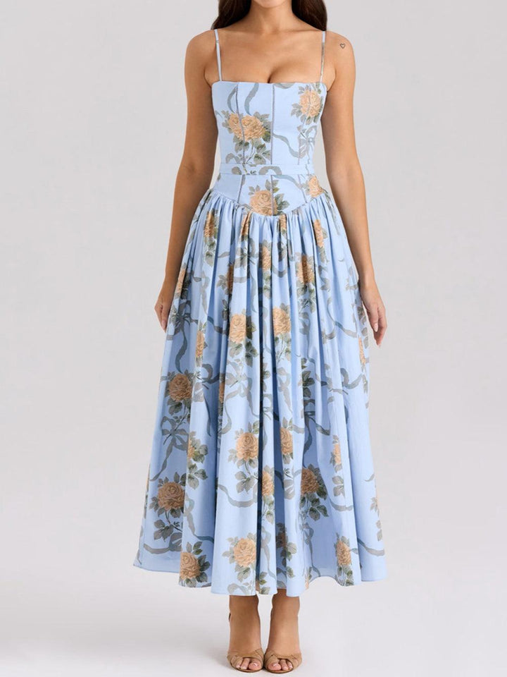Abito Midi a Bretelle con Stampa Floreale