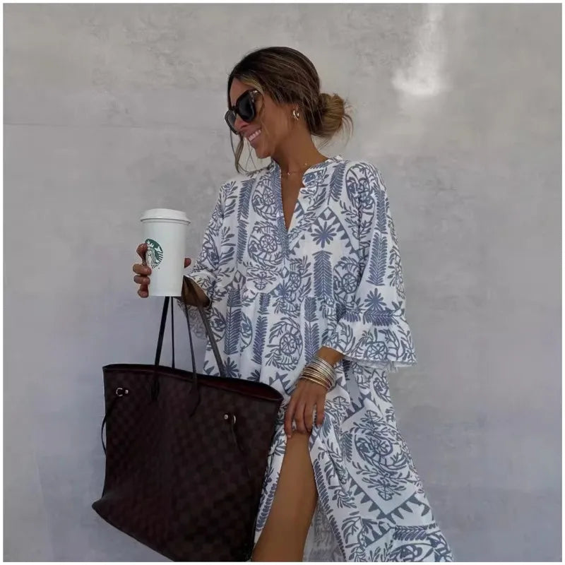 Abito Elegante con Gonna a Linea A e Scollo a V Stampato