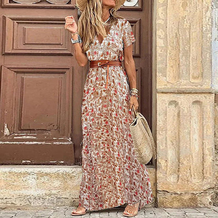 Abito Midi Elegante a Pieghe con Fantasia Floreale