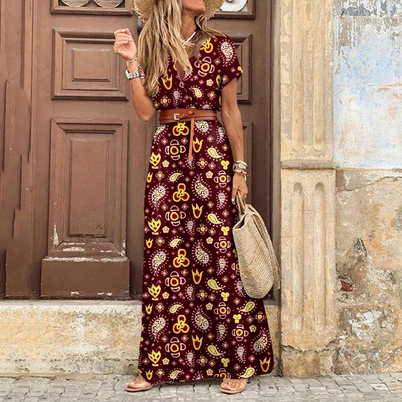 Abito Midi Elegante a Pieghe con Fantasia Floreale