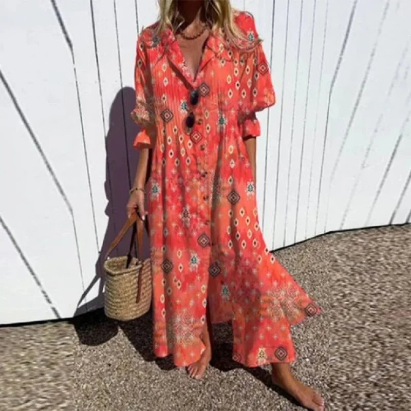 Abito Lungo Boho di Lusso con Scollo a V Profondo