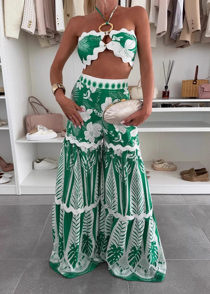 Set Estivo “Cassie” con Top Allacciato al Collo e Pantaloni a Gamba Larga – Stampa Tropicale