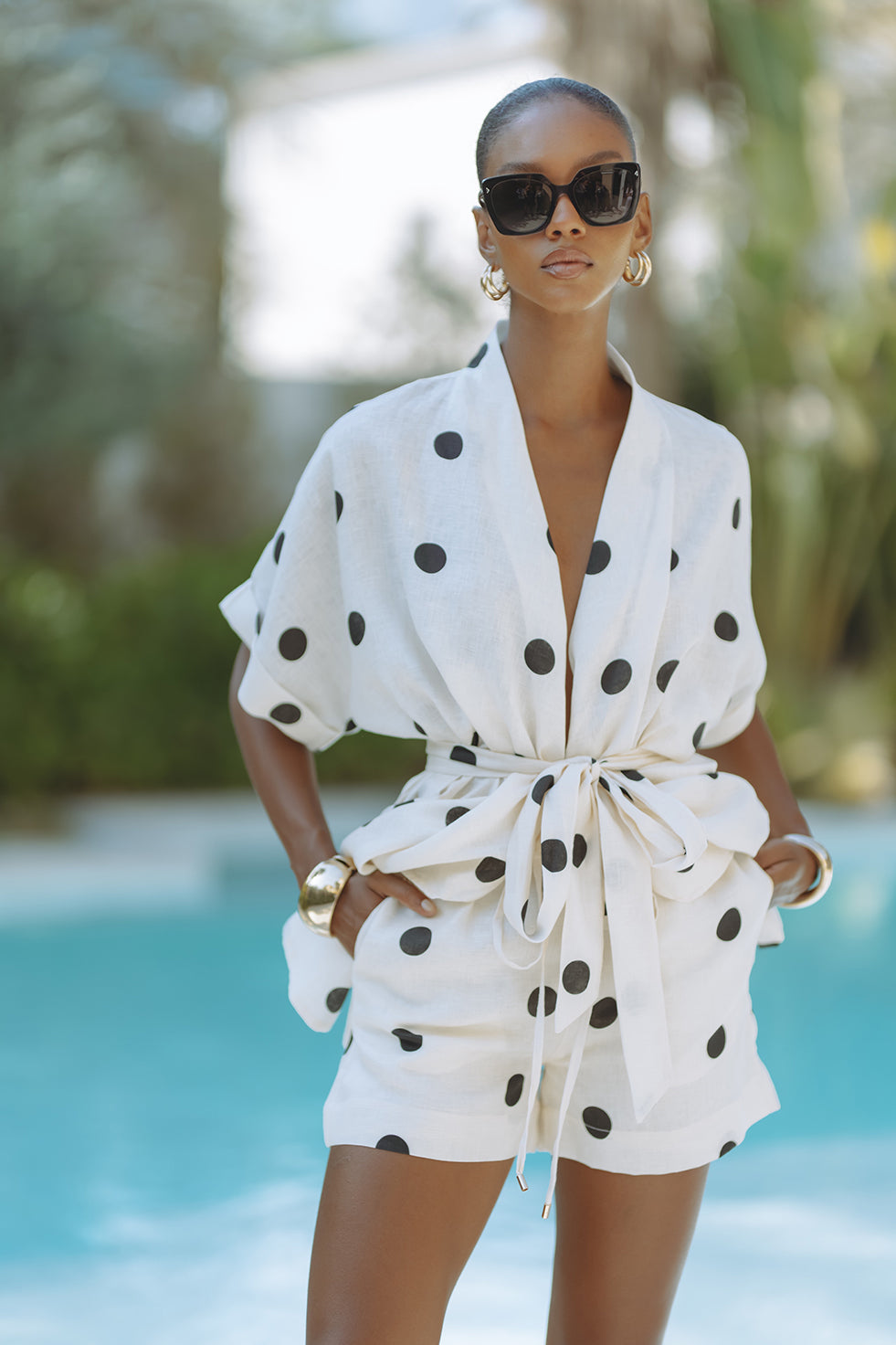 Playful – Completo con Kimono a Pois e Shorts con Vita Elasticizzata e Tasche