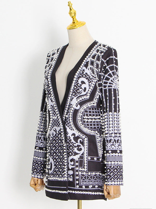 Blazer Stile Vintage con Perline e Stampa – Maniche Lunghe e Scollo a V