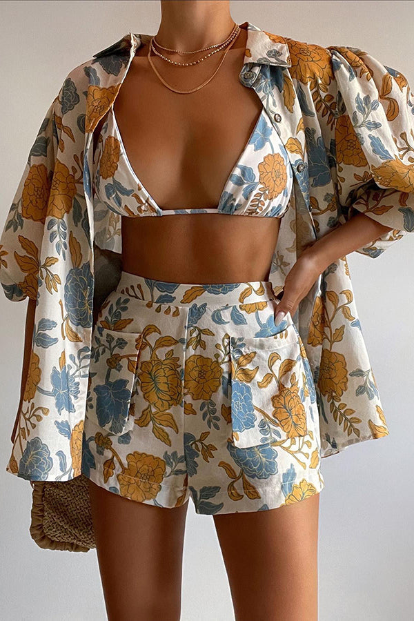 Hawaii – Completo Floreale da Spiaggia con Camicia Oversize, Reggiseno a Triangolo e Shorts con Tasche