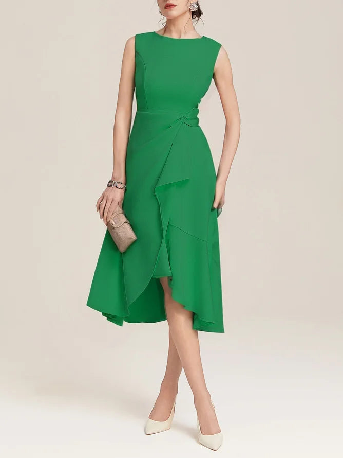 Abito Midi Elegante Senza Maniche con Nodo in Vita