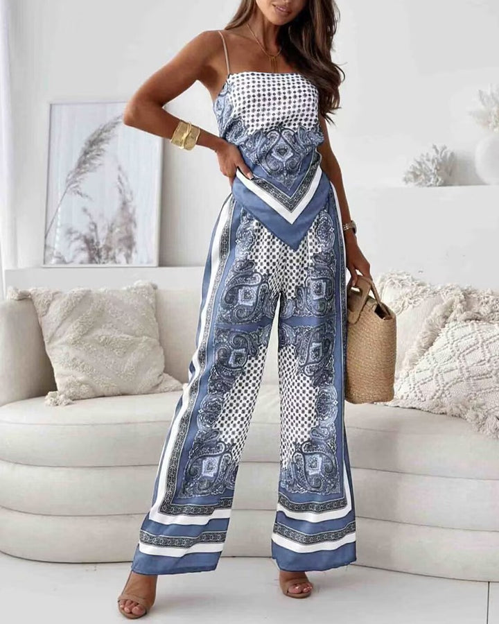 Completo Due Pezzi con Top a Spalline e Pantaloni Stampati