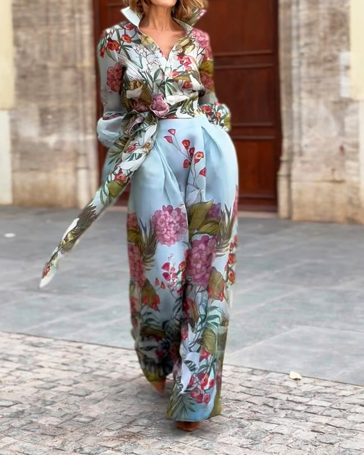Completo Due Pezzi Elegante con Camicia Stampata e Gonna