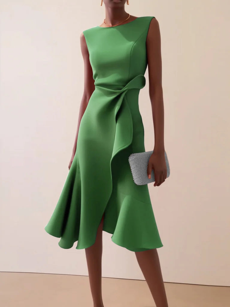 Abito Midi Elegante Senza Maniche con Nodo in Vita