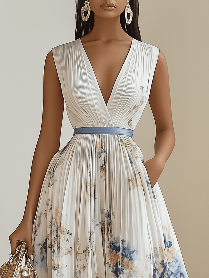 Abito midi plissettato con stampa floreale e scollo a V – Eleganza senza tempo